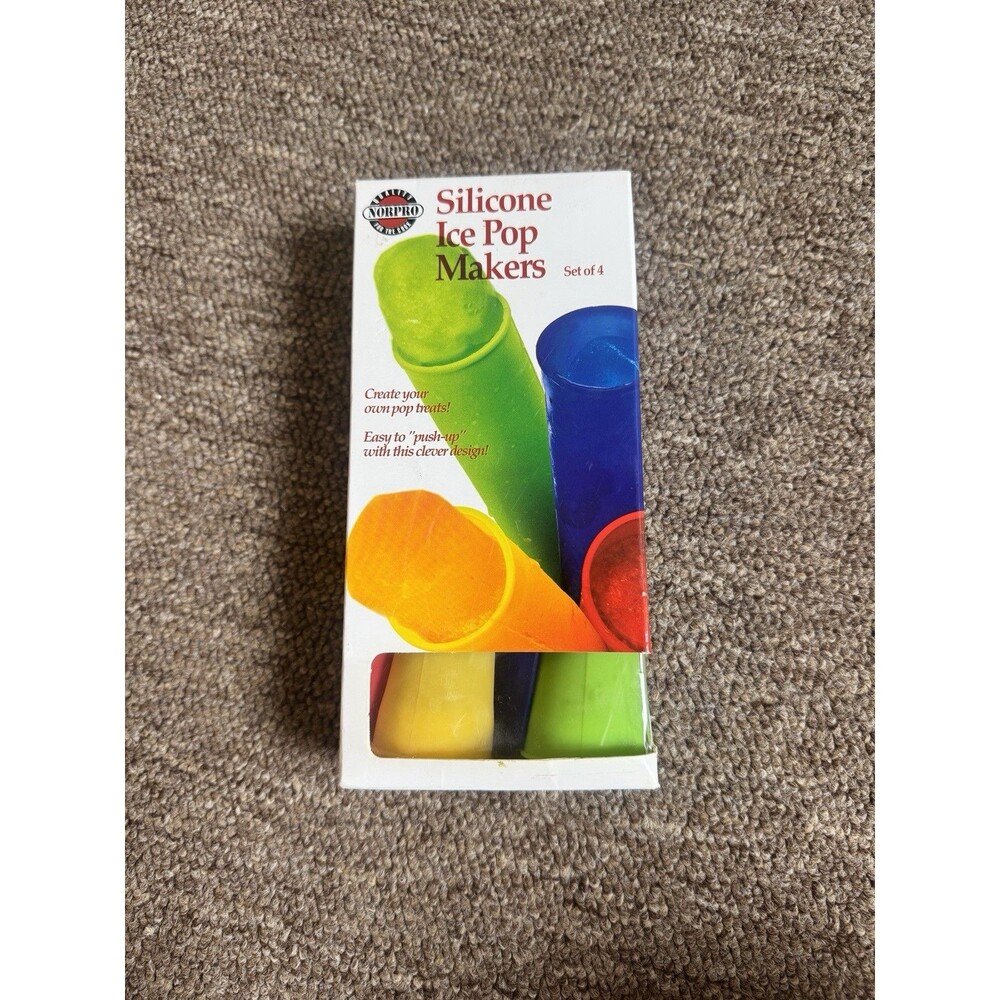 Norpro Silicone Ice Pop Maker with 4 Molds and Lids Yellow Red Blue Green NIB